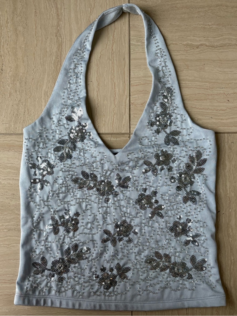 Harper & Ivy light blue halter top with silver sequin design-Women’s Size Small
